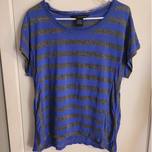 Calvin Klein Blue & Silver Striped Fringe Collar Tee Medium Fairycore Metallic - Picture 10 of 10